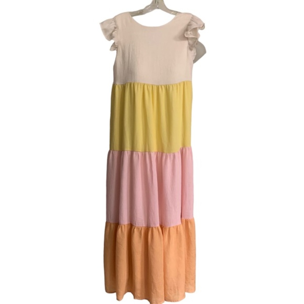 The Impeccable Pig Maxi‎ dress, pastel yellow, pink, peach, beige stripe Flowy S